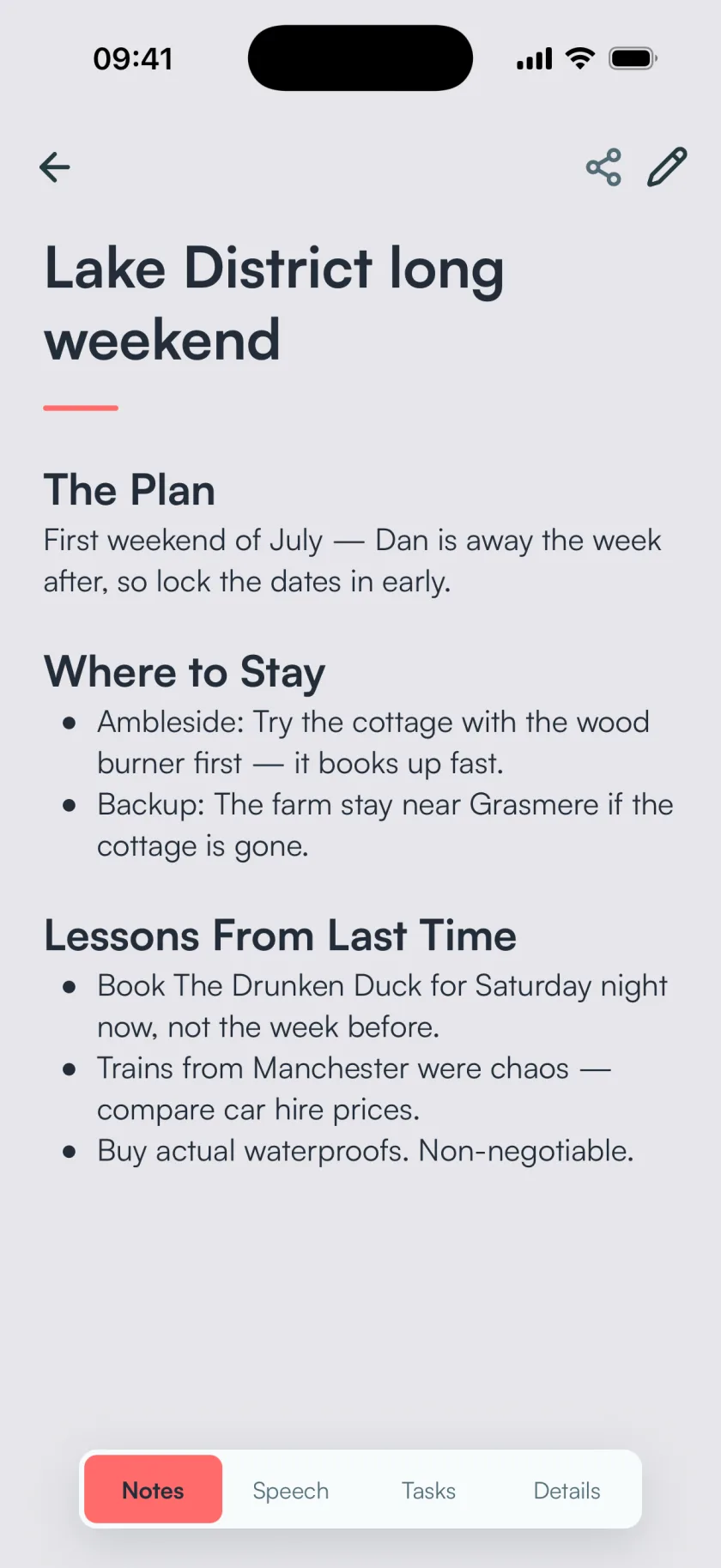 BrainFlow summary view, a recording refined into a title, summary, and formatted notes.