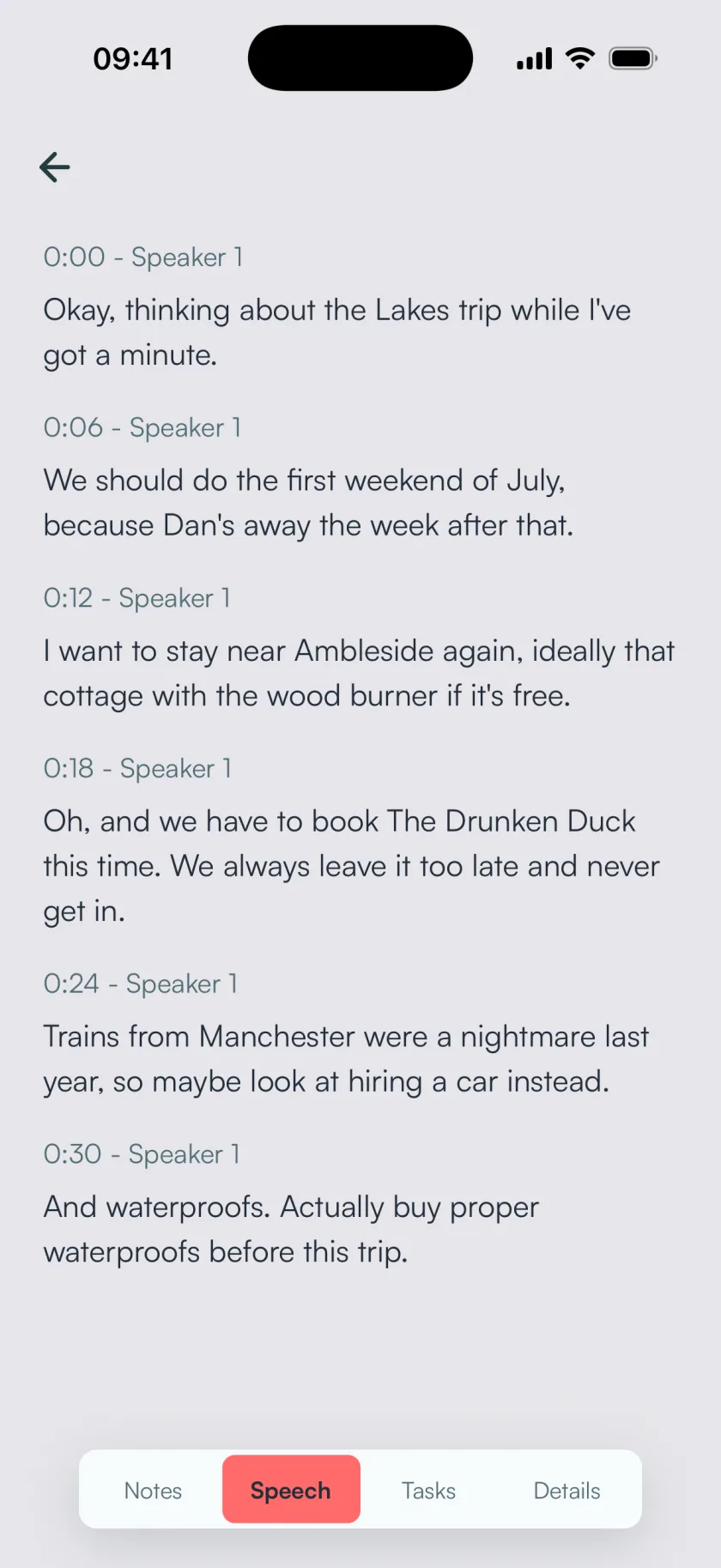 BrainFlow transcript view, a voice recording turned into clean, readable text.