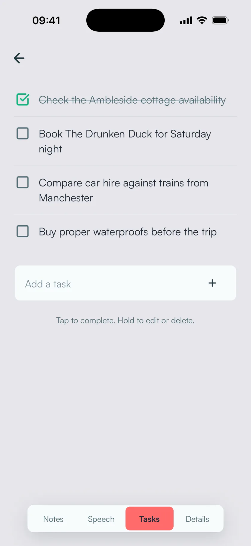 BrainFlow tasks view, action items extracted from a voice note as a checklist.